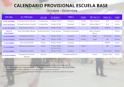 CALENDARIO ACTIVIDADES ESCUELA BASE OCTUBRE-DICIEMBRE CALENDARIO ACTIVIDADES ESCUELA BASE OCTUBRE-DICIEMBRE